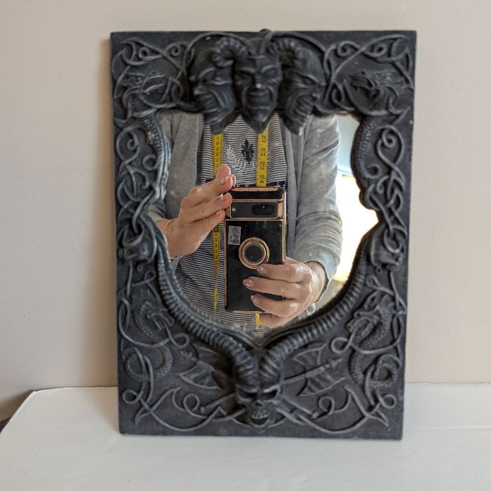 Vintage Zemeno Gothic Horror Mirror – Sculpted Horned Skull & Serpents, Fantasy